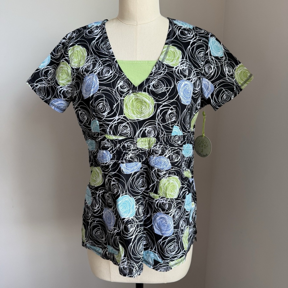 Healing Hands Scrub Top Womens Small Black Floral V Neck Front Pockets Nurse NWT